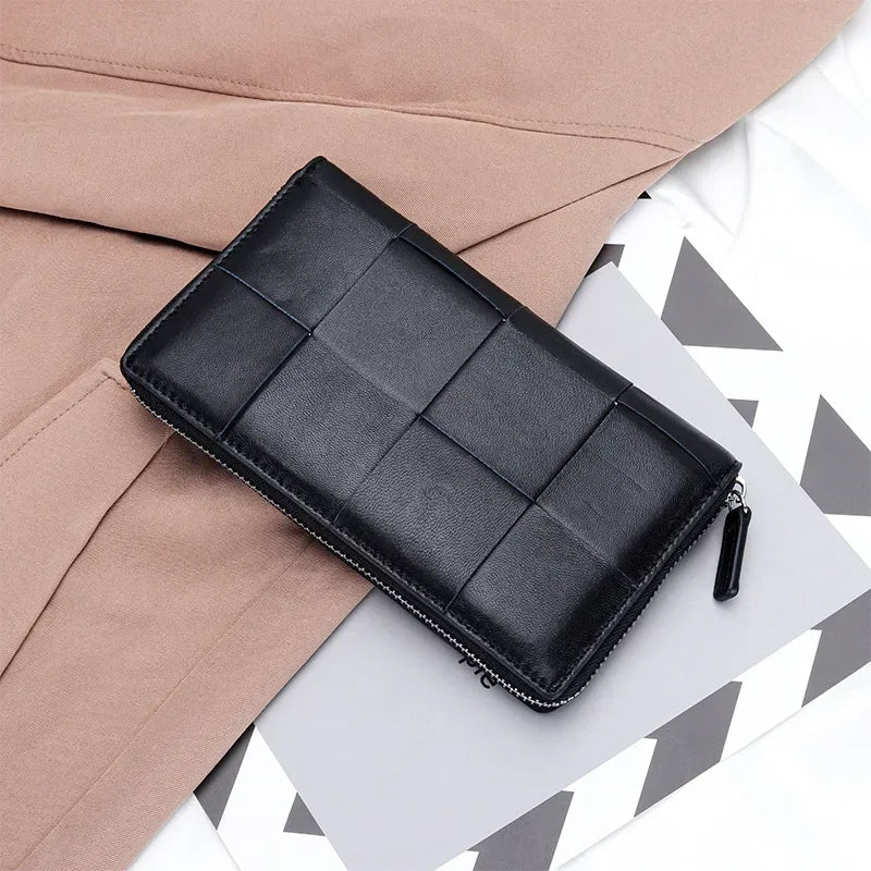 Genuine Leather Women's Long Wallet – Woven Zipper Clutch