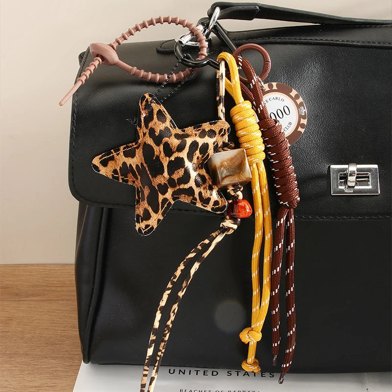 Fashion Leopard Starfish Keychain Cute Balloon Dog Leather Charm Women Maximalist Bag