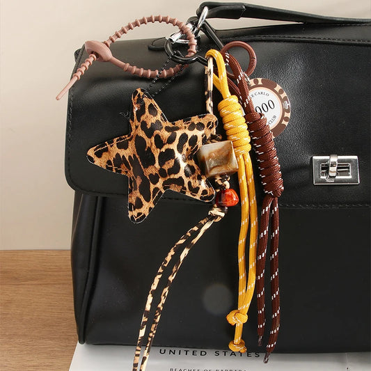 Fashion Leopard Starfish Keychain Cute Balloon Dog Leather Charm Women Maximalist Bag