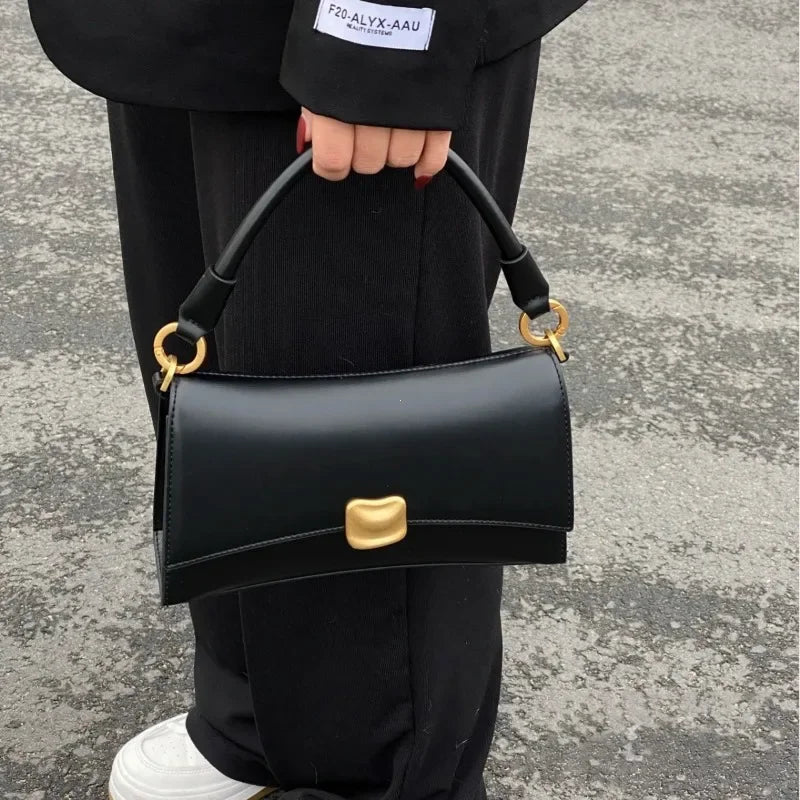 Y2K Women's Shoulder Bag – Black PU Leather Flap Lock Handbag