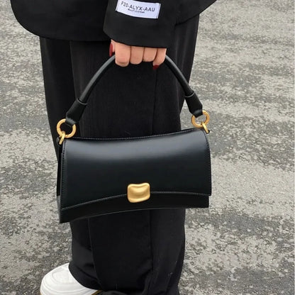 Y2K Women's Shoulder Bag – Black PU Leather Flap Lock Handbag