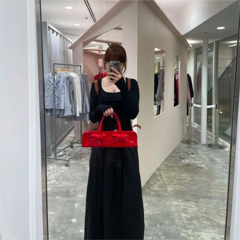 Retro Bow Red Y2k Hot Girls Leather Zipper Shoulder Bags