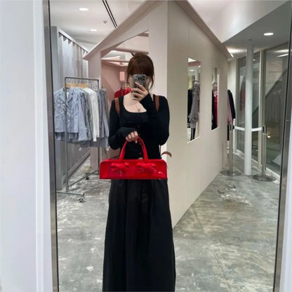 Retro Bow Red Y2k Hot Girls Leather Zipper Shoulder Bags