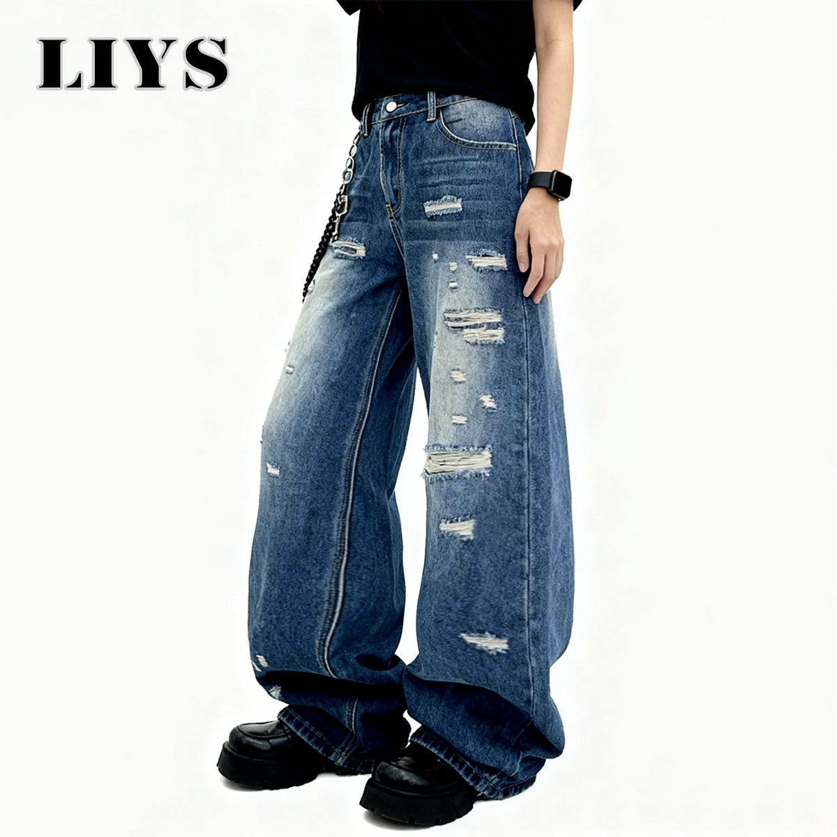 Blue Baggy Ripped Jeans – Men's Retro Goth Street Denim