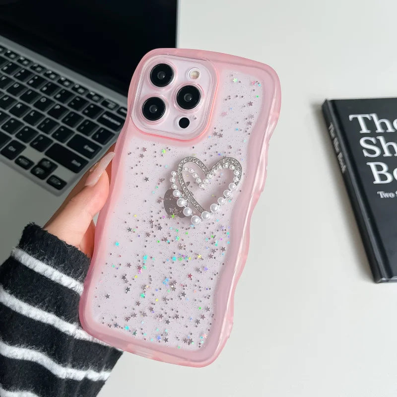 Pearl Heart Glitter Clear iPhone Case – Wavy Edge Shockproof Cover