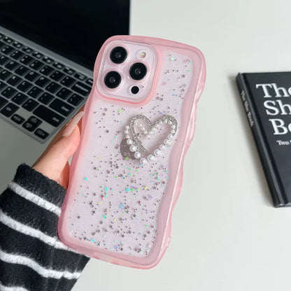 Pearl Heart Glitter Clear iPhone Case – Wavy Edge Shockproof Cover