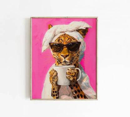 Leopard Drinking Coffee Canvas Wall Art – Maximalist Decor