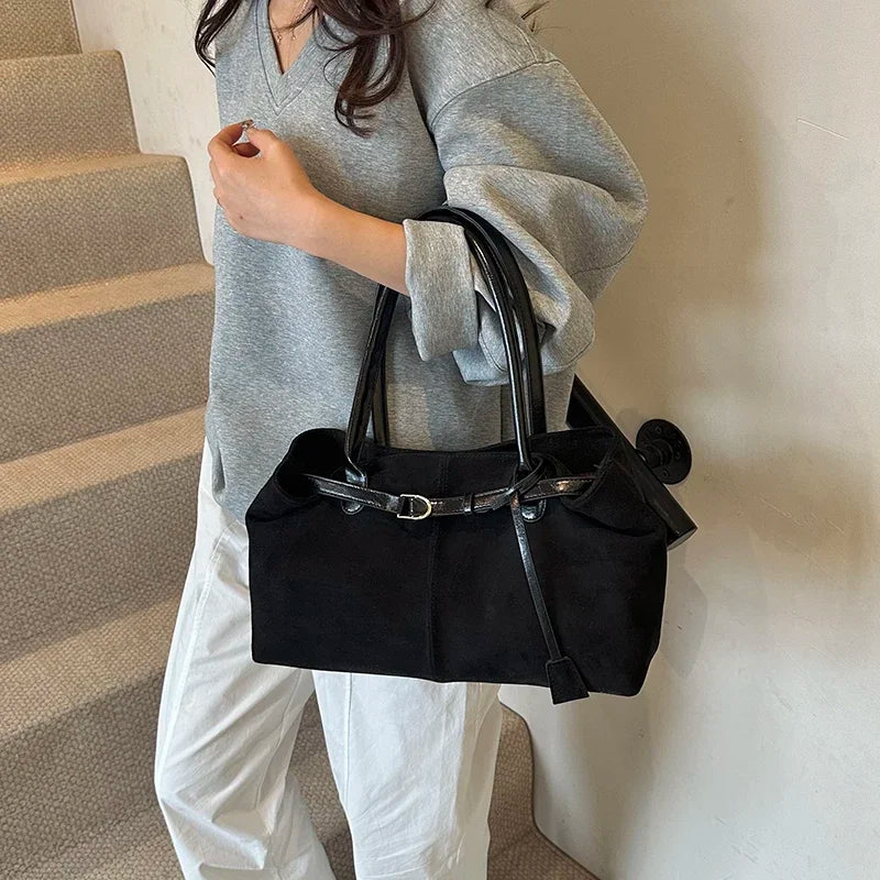 Nubuck Leather Shoulder Tote Bag – Women's Y2K Handbag