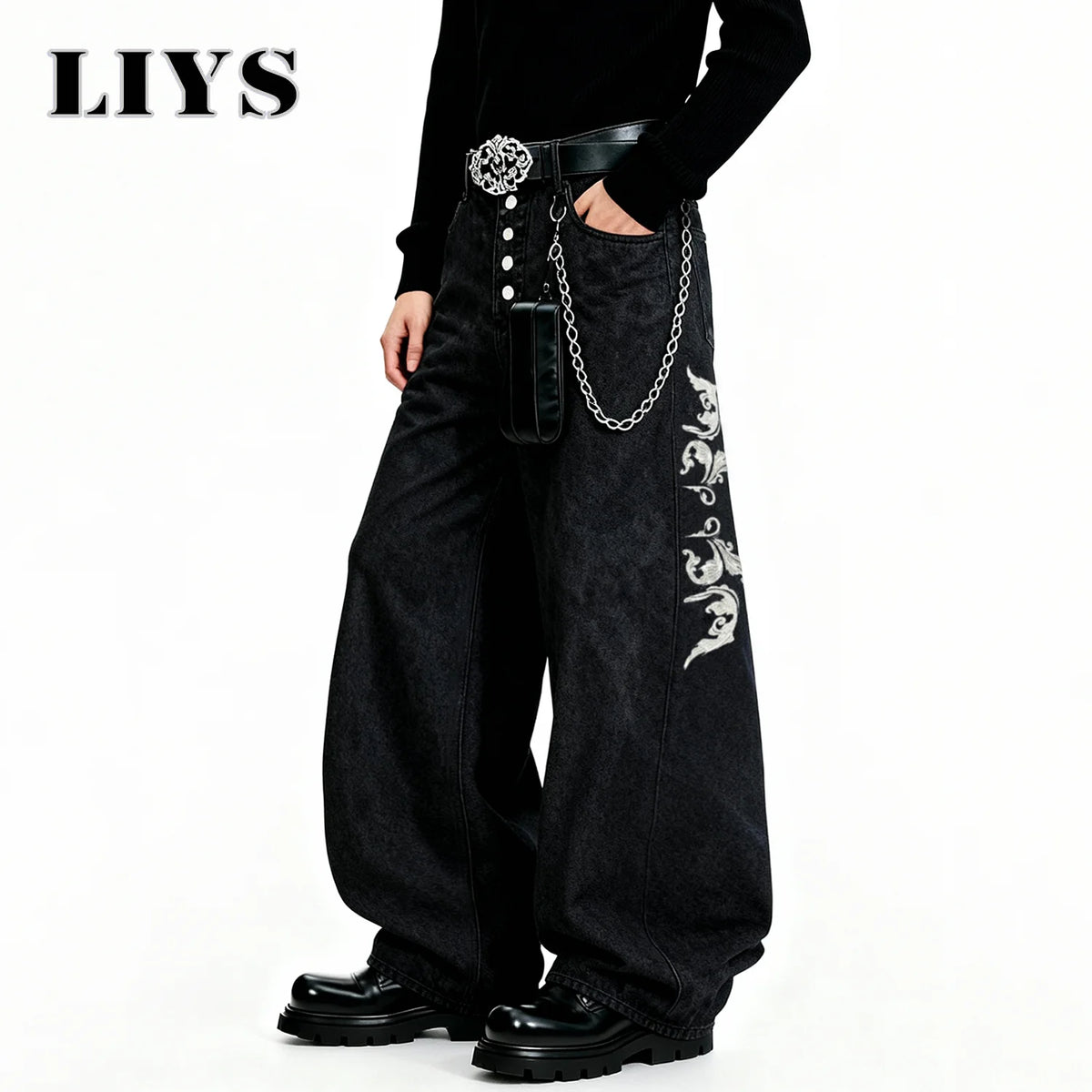 Men's Wide-Leg Black Baggy Jeans – Retro Hip Hop Streetwear Denim