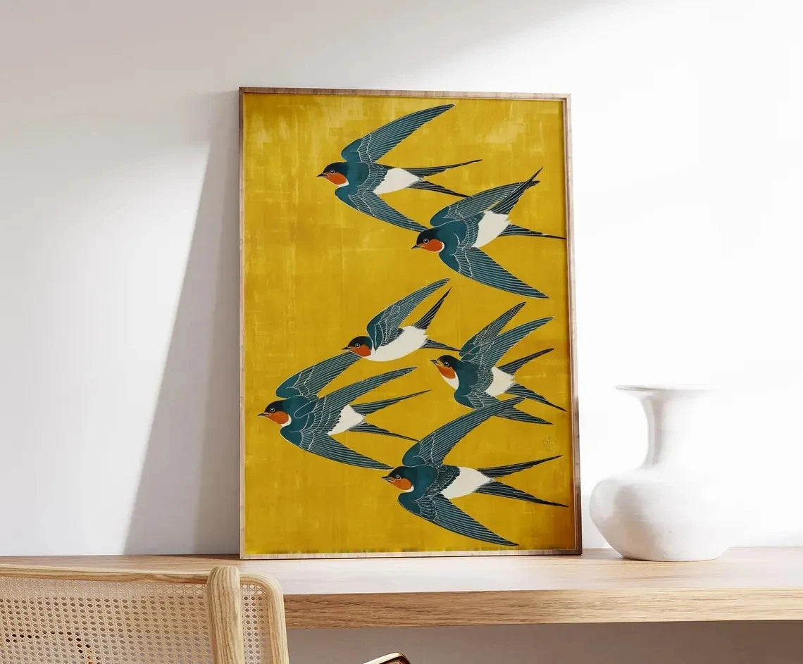 Japanese Swallow Birds Wall Art Poster – Yellow & Teal Canvas Print