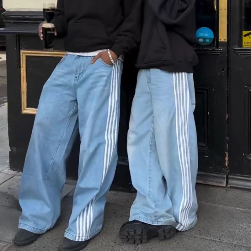 Y2K Baggy Wide-Leg Jeans with Side Stripe – Harajuku Streetwear