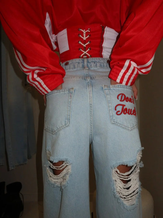 Y2K Embroidered Jeans – Floral Koi Streetwear Denim