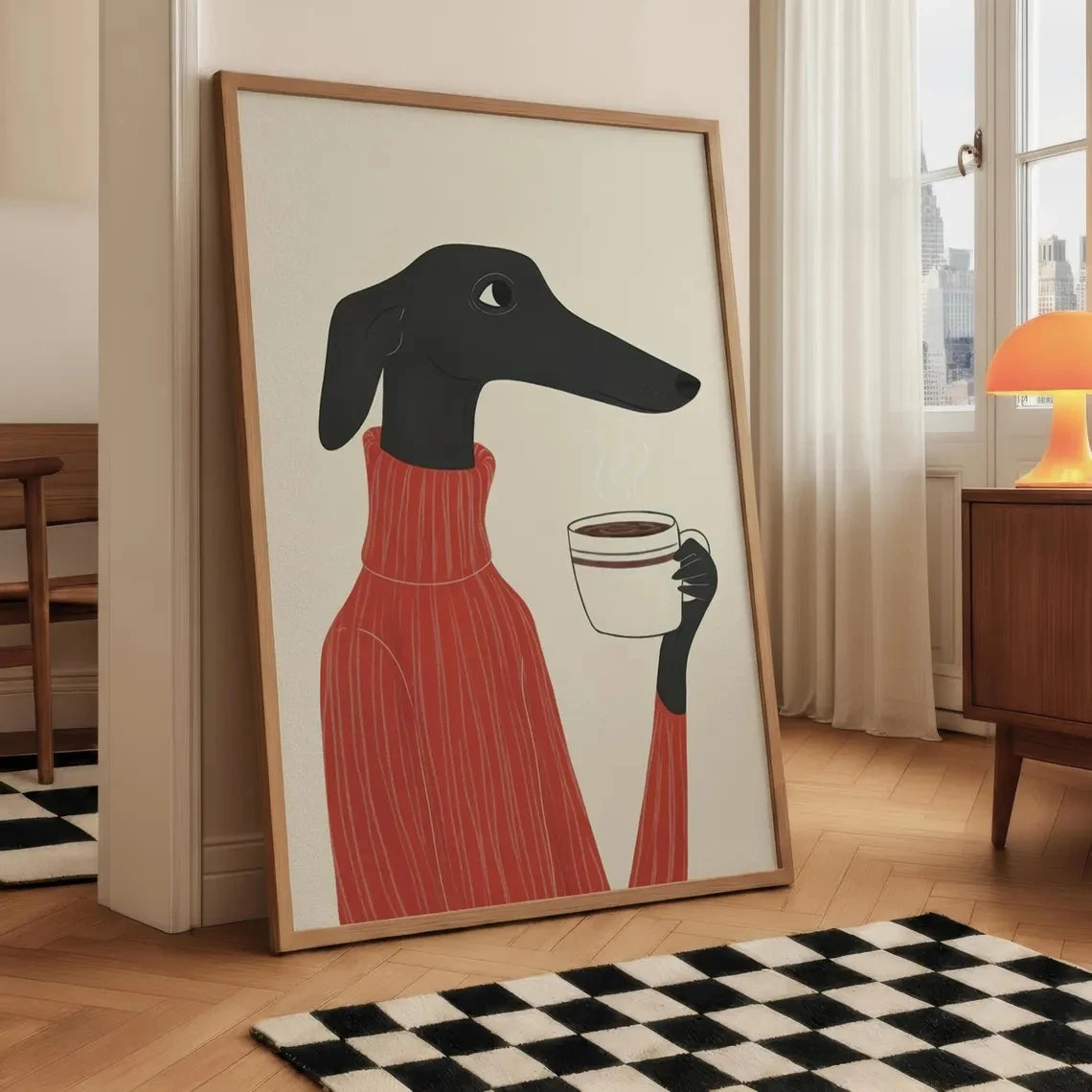 Greyhound with Coffee Canvas Wall Art Print – Whimsical Dog Poster