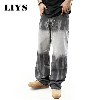 LIYS Tie-Dye Gradient Baggy Wide Leg Jeans – Unisex Streetwear Denim
