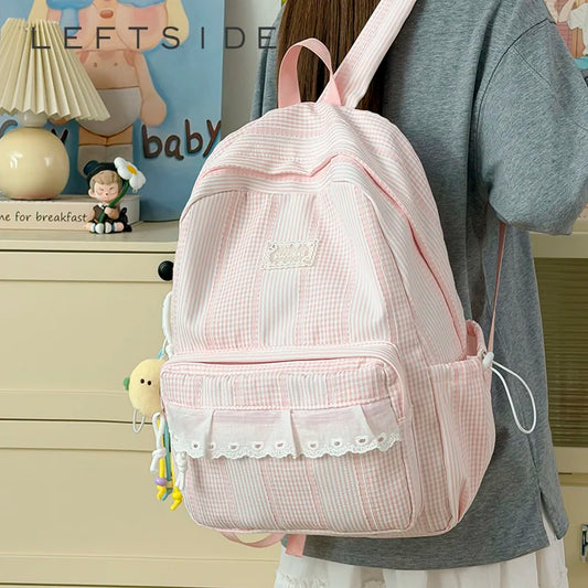 Sweet Style Girls Backpack – Cute Striped School Bag with Doll Charm