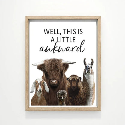 Funny Animal Bathroom Wall Art Poster – Cow, Donkey, Llama, Goat Print