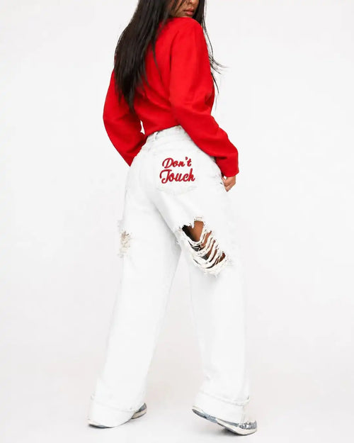Ripped Wide Leg Jeans – Women's Y2K Hip Hop Streetwear Denim