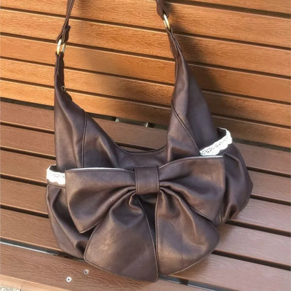Korean Retro Bow Lace Tote Bag Women Brown Soft Leather Large Capacity
