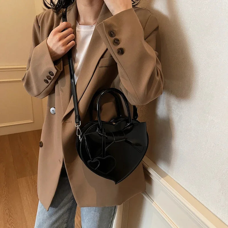 Heart-Shaped PU Leather Crossbody Bag for Women – Y2K Bow Shoulder Bag