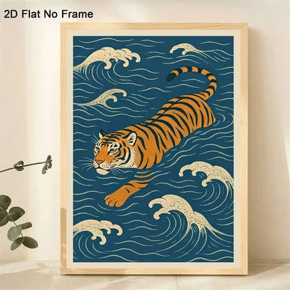 Swimming Tiger Wall Art Print – Japanese Wave Poster