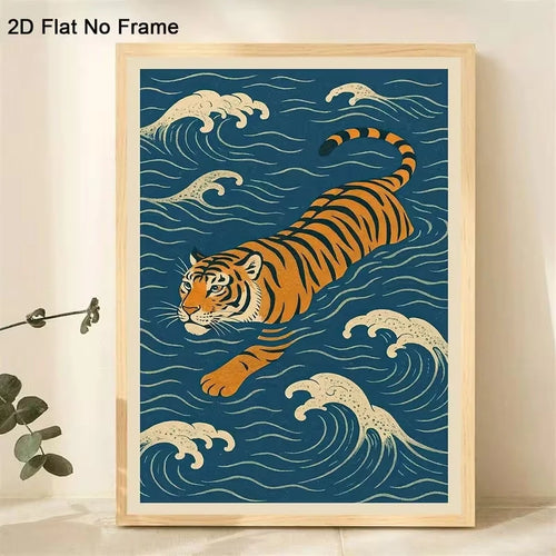 Swimming Tiger Wall Art Print – Japanese Wave Poster