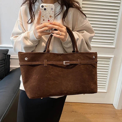 Buckle Decorative Design Solid Faux Suede Handbag