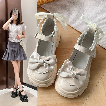Lolita Platform Mary Jane Shoes – Bow & Pearl Ankle Strap