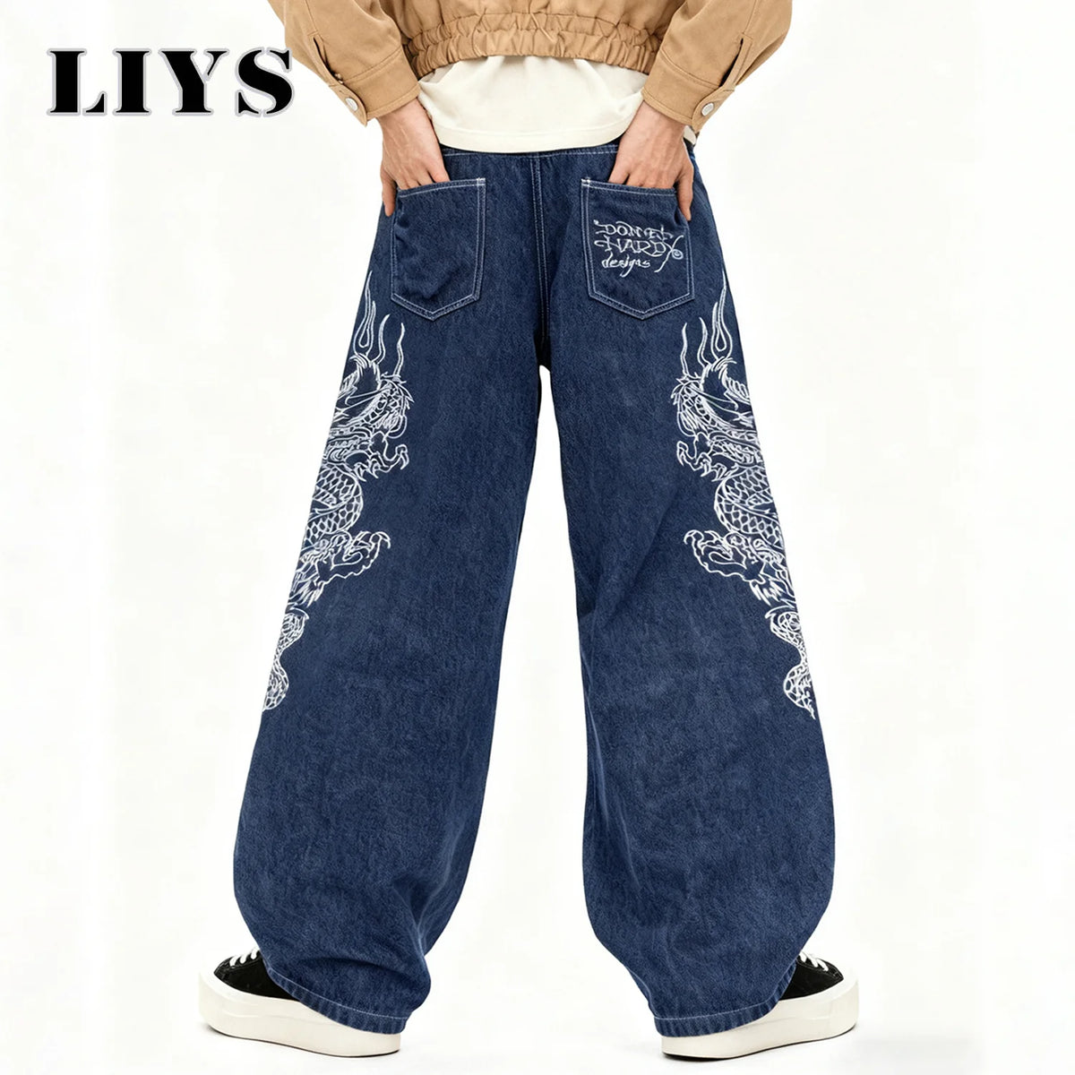 Dragon Embroidery Baggy Wide Leg Jeans for Men