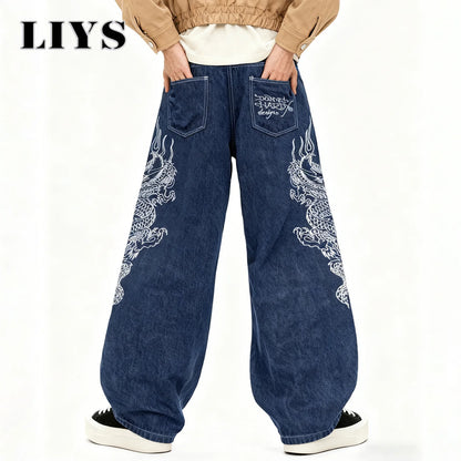 Dragon Embroidery Baggy Wide Leg Jeans for Men