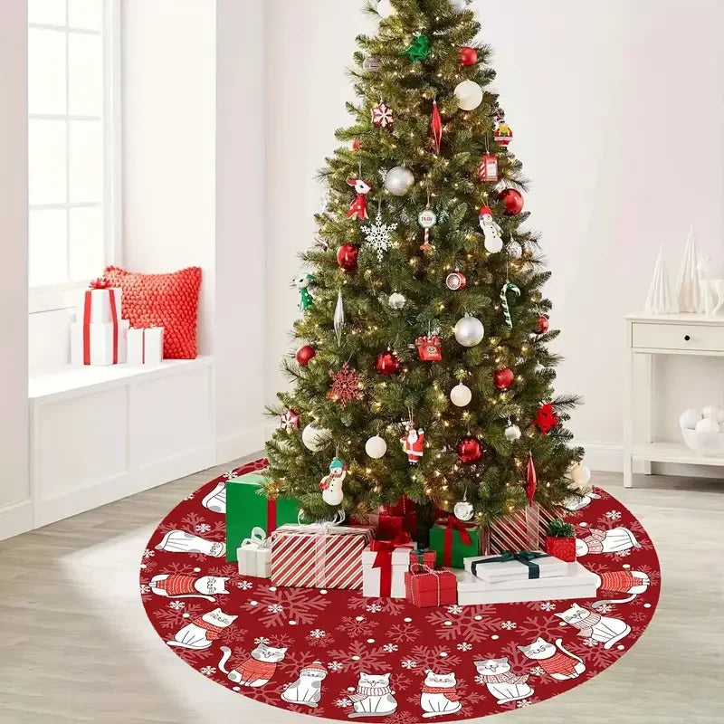 Christmas Tree Skirt – Snowflake Cat Pattern Holiday Decor