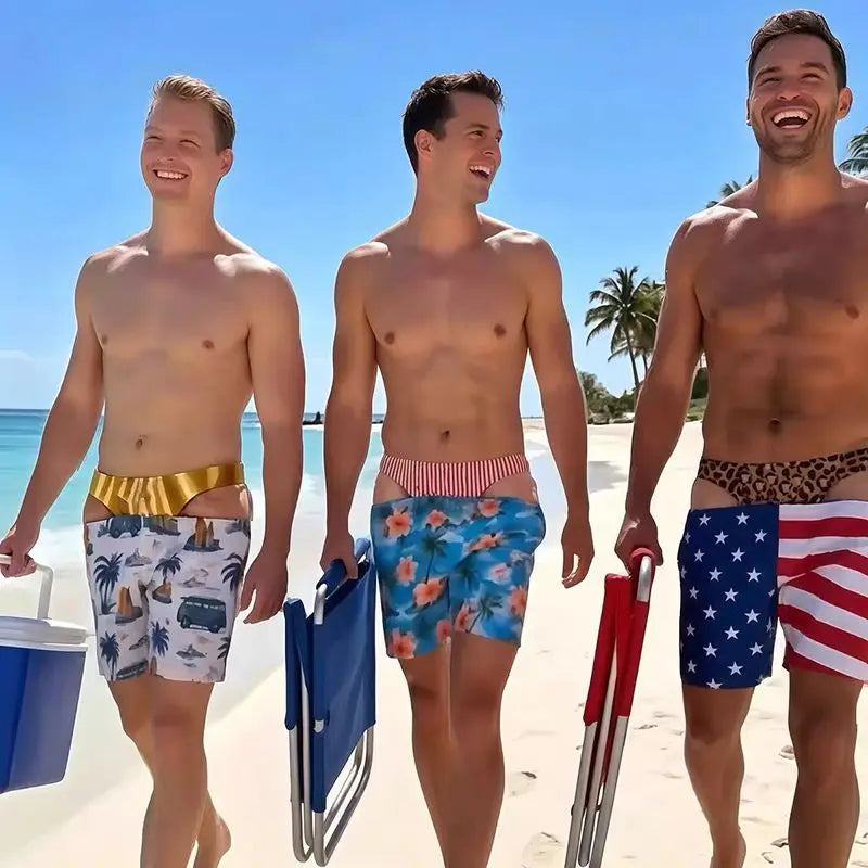 Funny Fake Two-Piece Men's Beach Shorts – Optical Illusion Thong Print Boardshorts