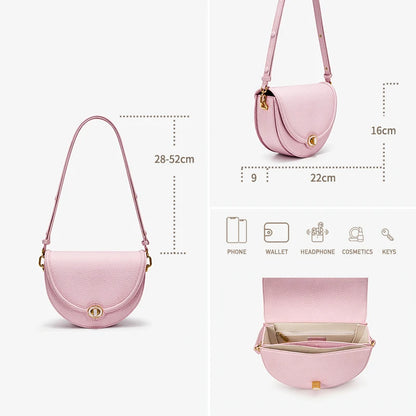 Designer Half-Moon Saddle Bag Top Grain Leather Mother-Of-Pearl Clasp - Light Luxe All-Leather