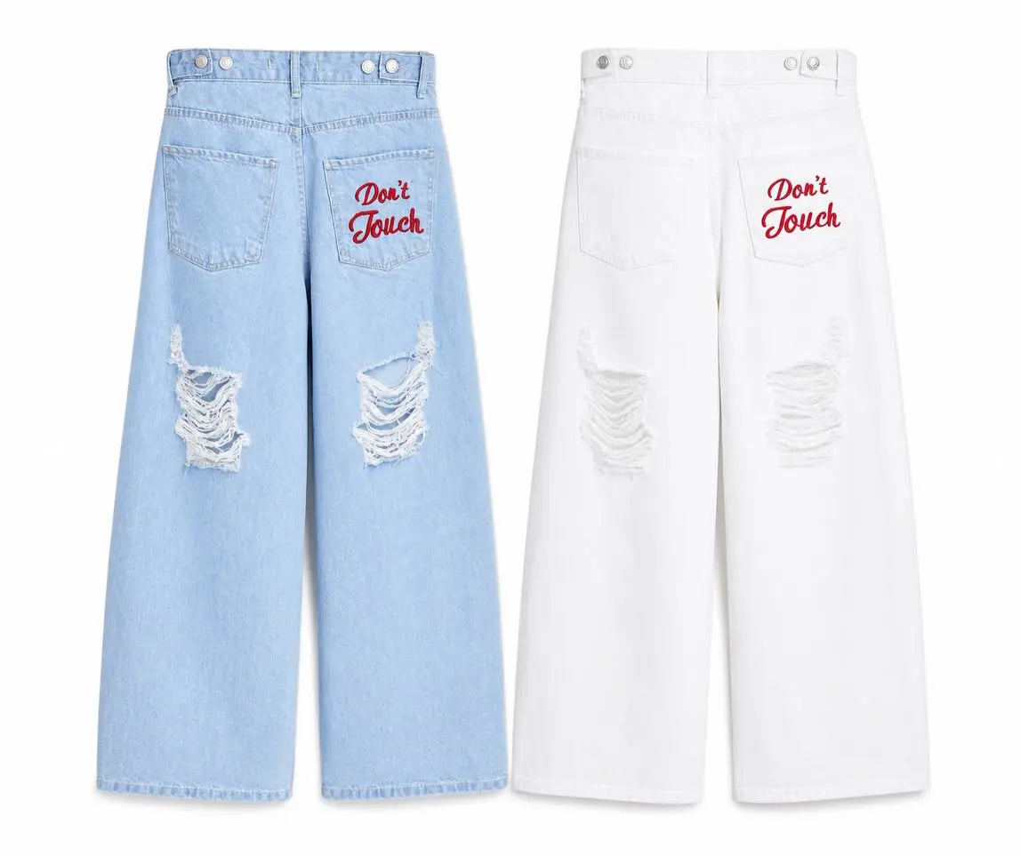Ripped Wide Leg Jeans – Women's Y2K Hip Hop Streetwear Denim