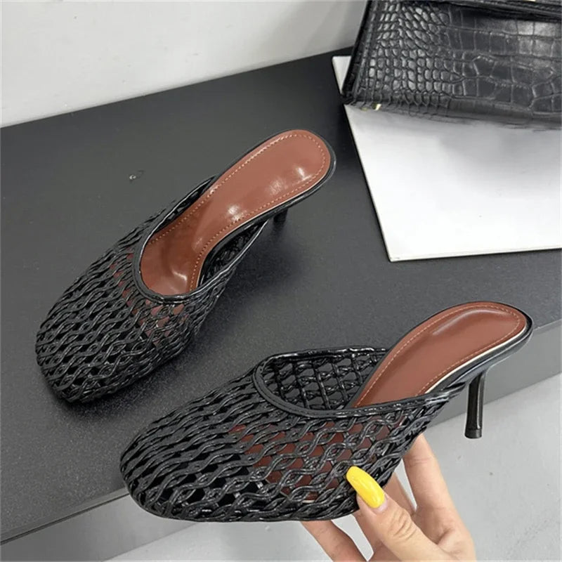 Eilyken Mesh Weave Mule Heels – Women's Hollow Out Stiletto Slippers