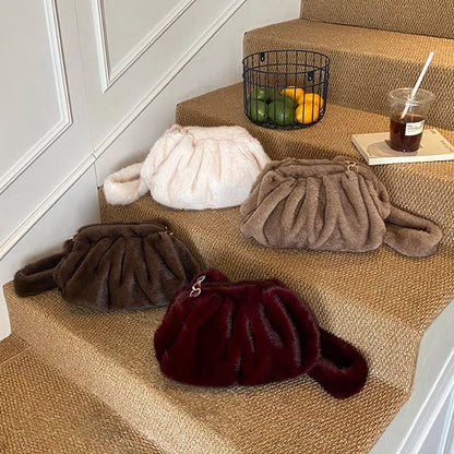 Fashion Pleated Cloud Bag Soft Faux Fur Handbag Popular Korean-style