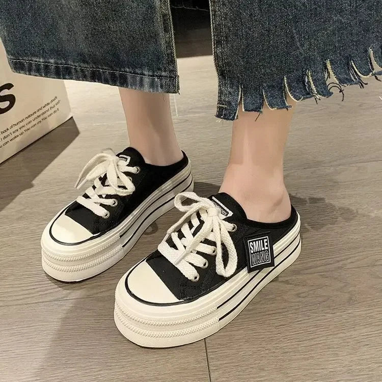 Platform Canvas Slip-On Mule Sneakers with Thick Sole