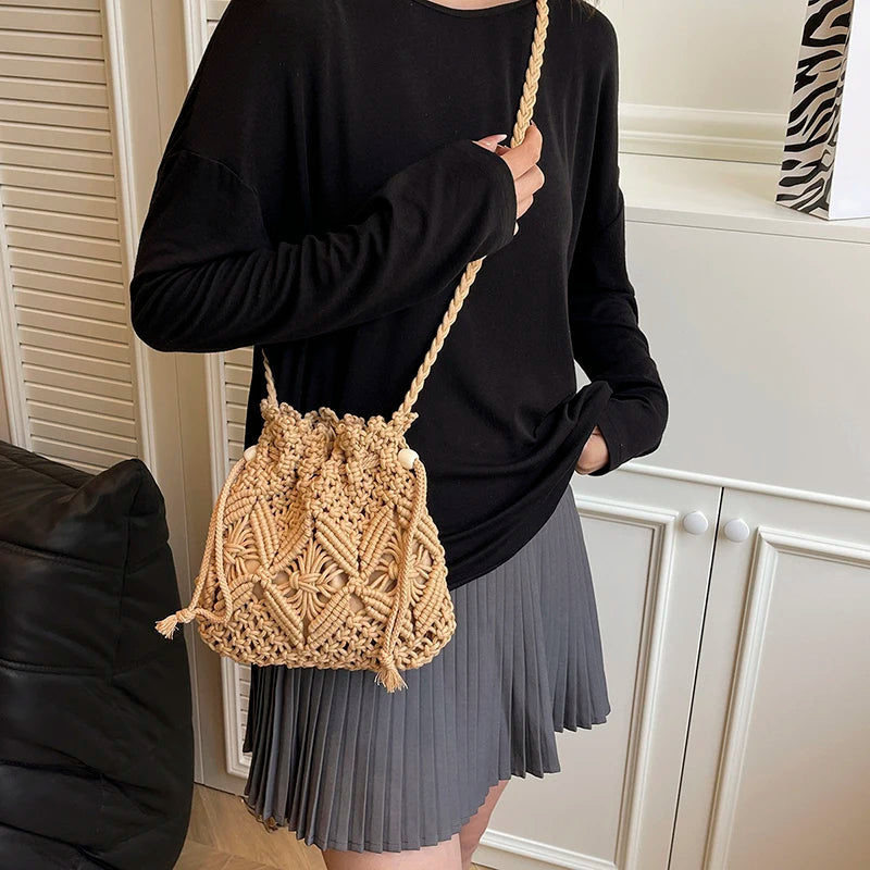 Woven Raffia Crossbody Bag for Women – Boho Knit Beach Purse