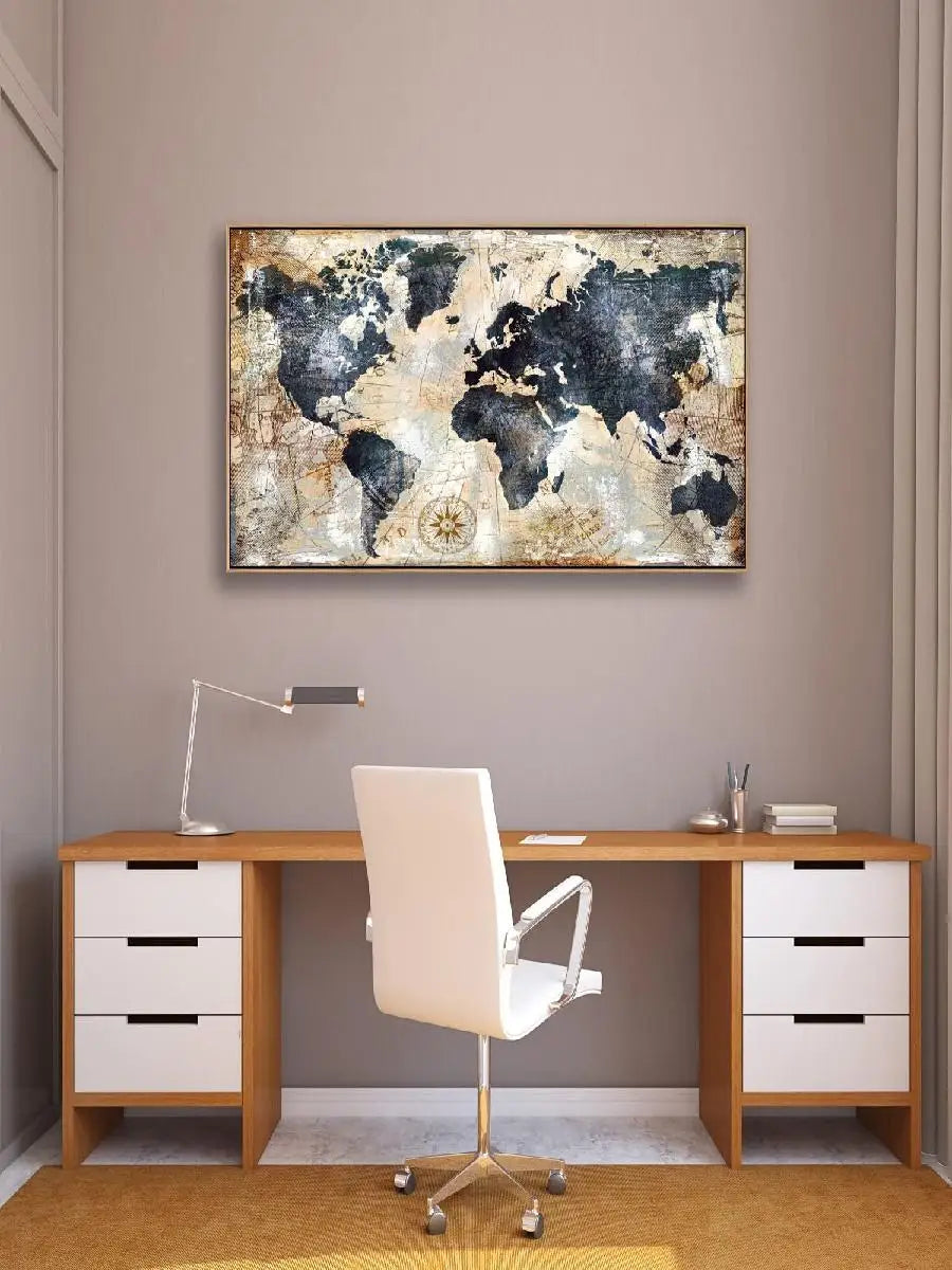 World Map Canvas Wall Art – Vintage Nautical Map Print for Home & Office Decor