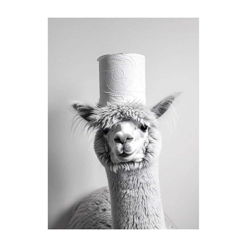 Funny Bathroom Wall Art Poster – Black & White Animal Toilet Paper Print