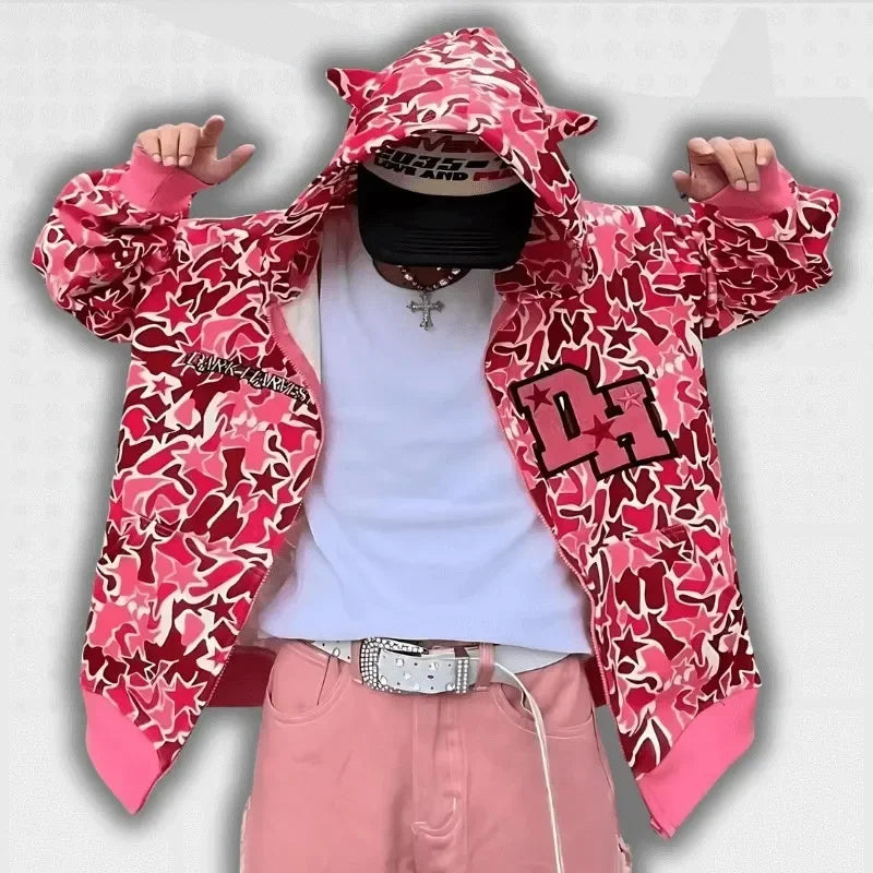Harajuku Star Camo Full-Zip Hoodie Jacket – Unisex Streetwear