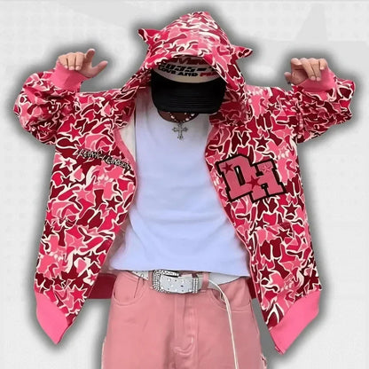 Harajuku Star Camo Full-Zip Hoodie Jacket – Unisex Streetwear