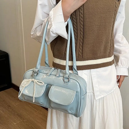 Solid Sewing Thread Fashion Glossy PU Shoulder Bags