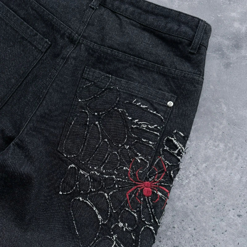 Y2K Spiderweb Baggy Jeans – Black Gothic Streetwear Wide Leg Denim