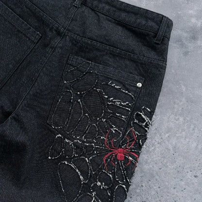 Y2K Spiderweb Baggy Jeans – Black Gothic Streetwear Wide Leg Denim