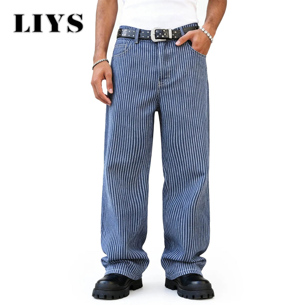 Men's Striped Wide Leg Straight Jeans – Retro Streetwear