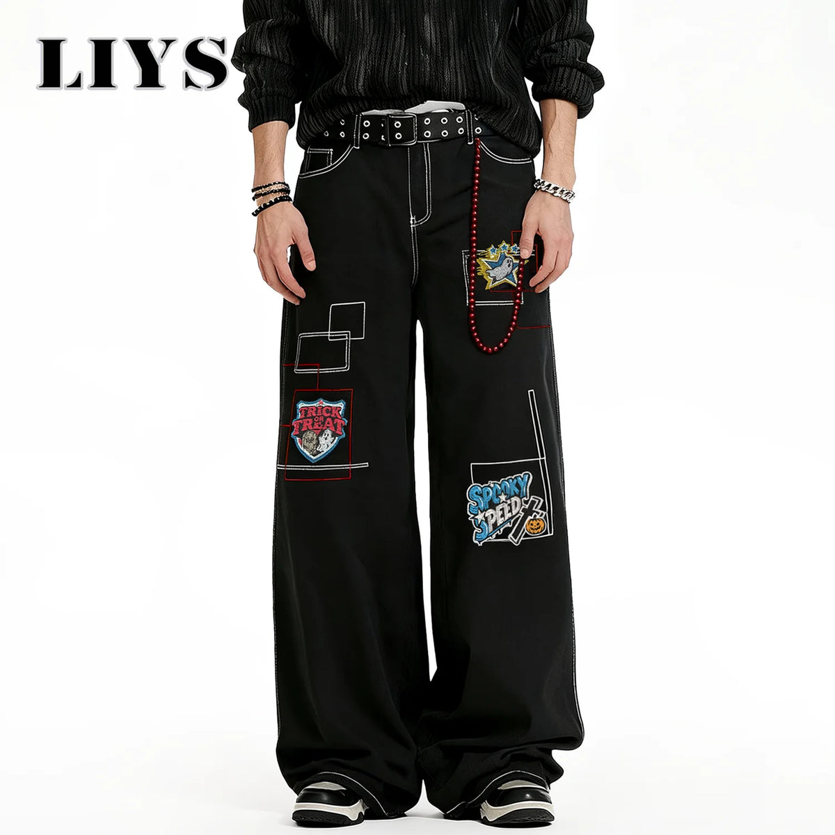 Y2K Embroidered Baggy Wide Leg Black Jeans – Hip-Hop Streetwear Denim