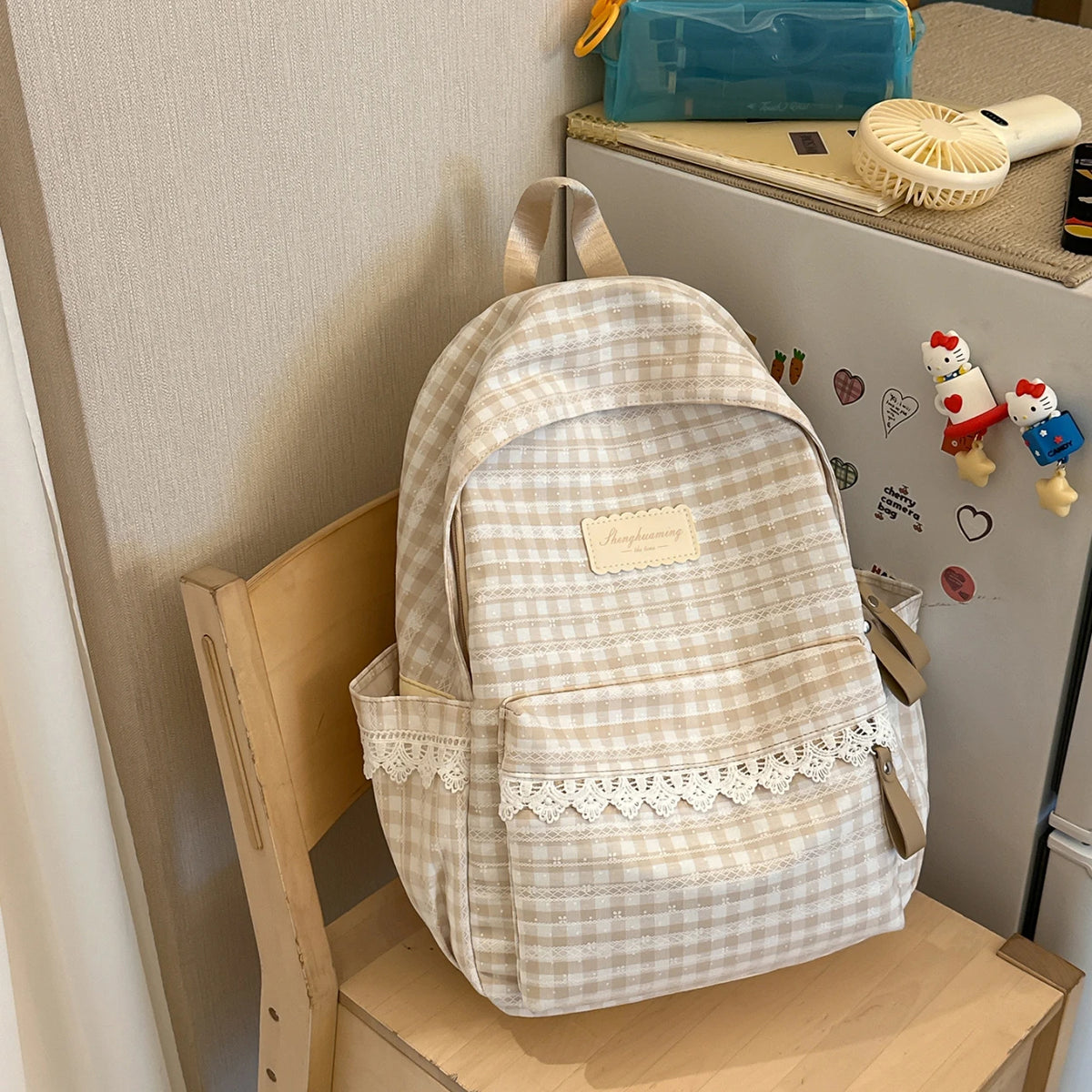 Cute Girls School Backpack – Large Capacity Plaid Daypack with Lace Trim