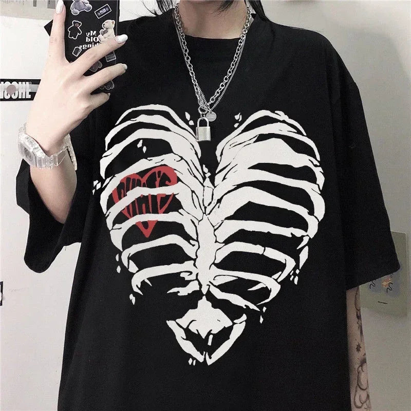 Skeleton Heart Graphic Tee Women Harajuku Y2K Punk Gothic Slim Fit