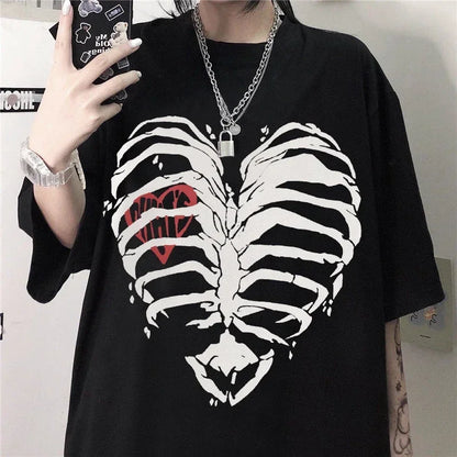 Skeleton Heart Graphic Tee Women Harajuku Y2K Punk Gothic Slim Fit