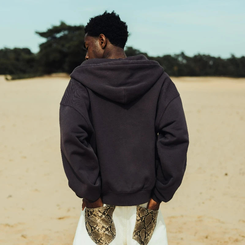 Men's Oversized Wolf Embroidery Zip-Up Hoodie | Heavyweight Fleece